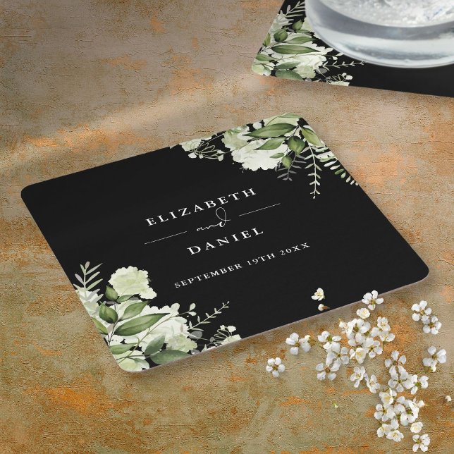 Blommigt Greenery Elegant Black and White Bröllop Underlägg Papper Kvadrat (Floral Greenery Elegant Black And White Wedding Square Paper Coaster)