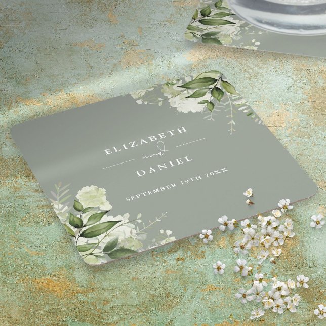 Blommigt Greenery Elegant Sage Grönt Bröllop Underlägg Papper Kvadrat (Floral Greenery Elegant Sage Green Wedding Square Paper Coaster)