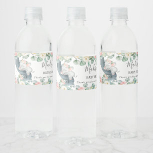 Blommigt Greenery Elephant Girl Baby Shower Favor Vattenflaskor Etikett