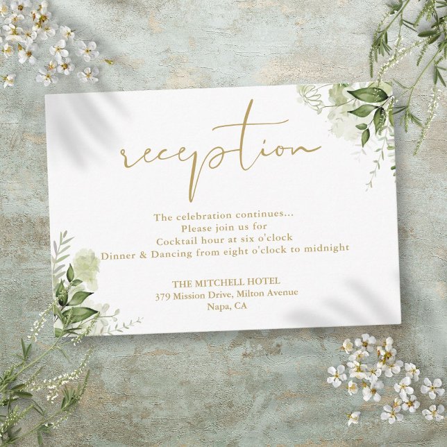 Blommigt Greenery Guld-skribentsbröllopsmottagning Tilläggskort (Floral Greenery Gold Script Wedding Reception Enclosure Card)