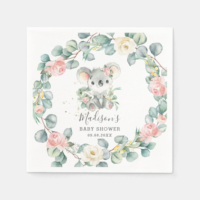 Blommigt Greenery Koala Flicka Shower Birthday Pappersservett (Framsidan)