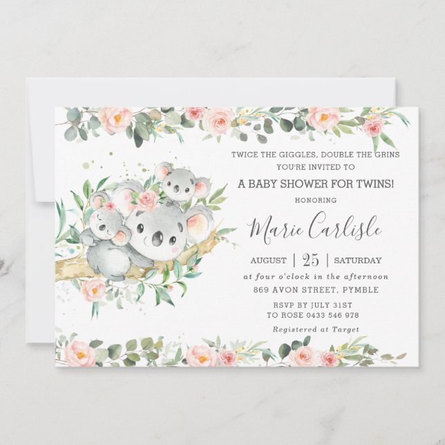 Blommigt Greenery Koala Twillingars Boy Baby Showe Inbjudningar (Framsida)