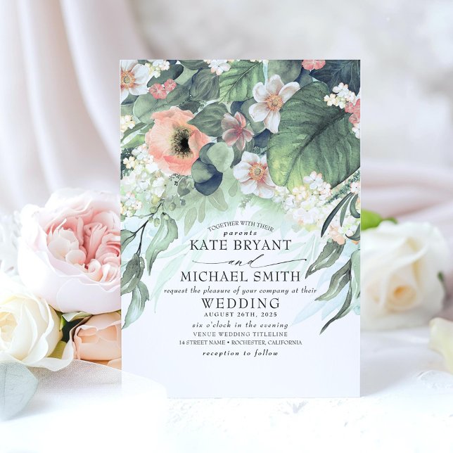 Blommigt Greenery Summer Garden Romantic Bröllop Inbjudningar (Floral Romantic Wedding Invitation)