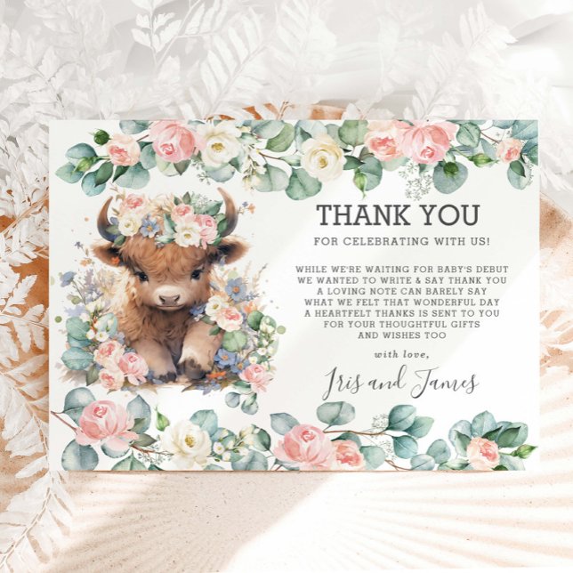 Blommigt Greenery Sweet Highland Cow Baby Shower Tack Kort (Skapare uppladdad)