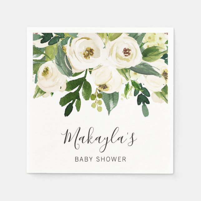 Blommigt Greenery Vit ros Baby Shower Pappersservett (Framsidan)