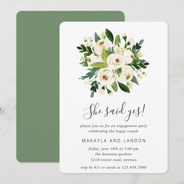 Blommigt Greenery Vit ros Förlovningsfest Inbjudningar (Fram/baksida)