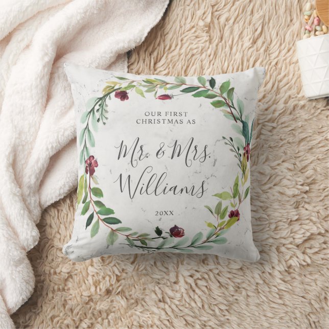 Blommigt Greenery WandeMarble Vår första jul Kudde (Filt)