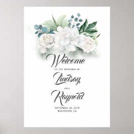 Blommigt Greenery White Bröllop Välkomstskylt Poster