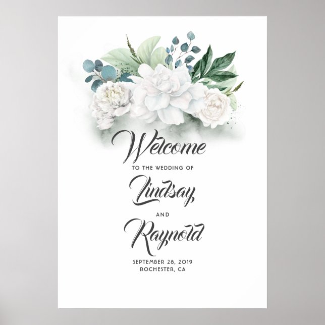 Blommigt Greenery White Bröllop Välkomstskylt Poster (Framsidan)