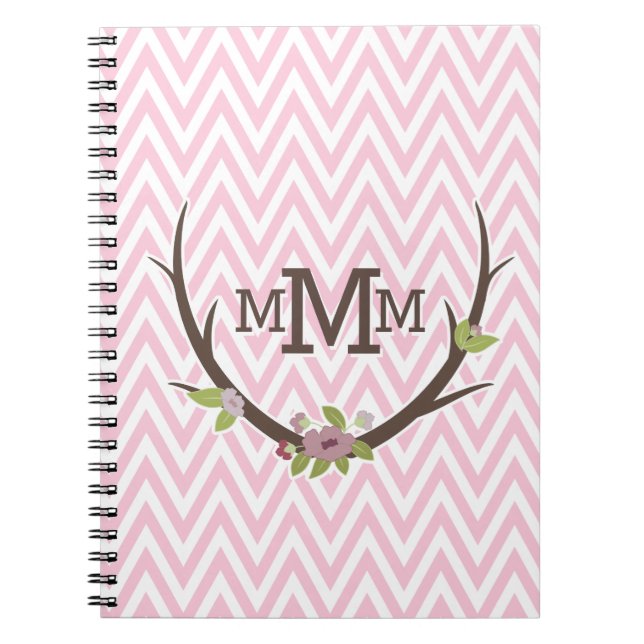 Blommigt Gren Rosa Chevron Mönster Monogram Anteckningsbok Med Spiral (Framsidan)
