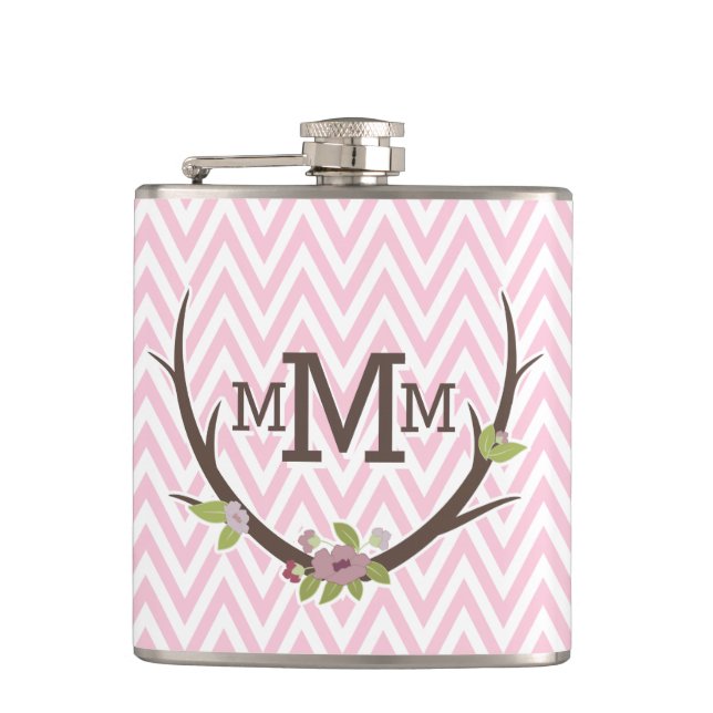 Blommigt Gren Rosa Chevron Mönster Monogram Fickplunta (Framsidan)