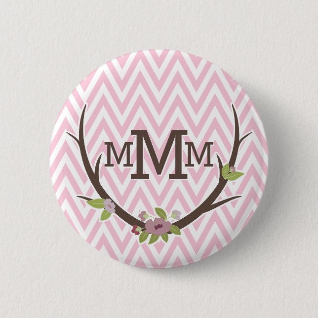 Blommigt Gren Rosa Chevron Mönster Monogram Knapp (Framsida)
