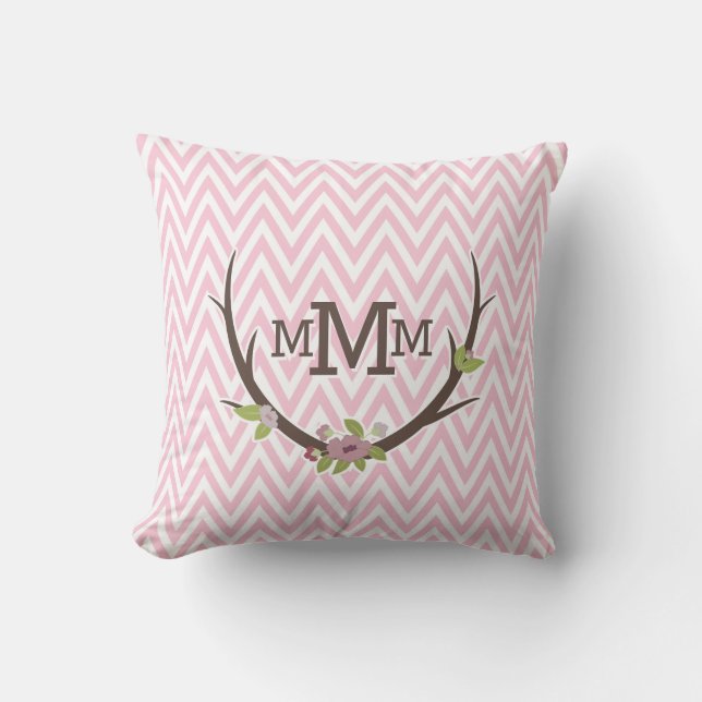 Blommigt Gren Rosa Chevron Mönster Monogram Kudde (Framsida)
