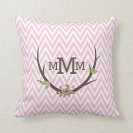 Blommigt Gren Rosa Chevron Mönster Monogram Kudde
