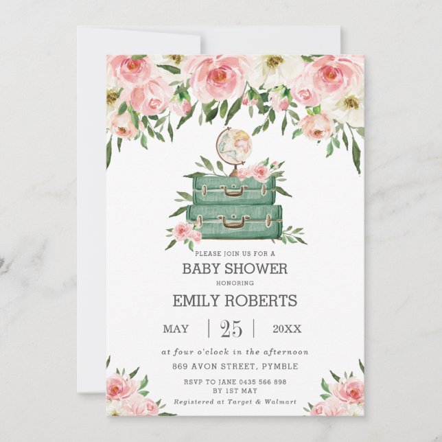 Blommigt Grey Äventyr Travel Baby Shower Girl Inbjudningar (Framsida)