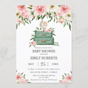 Blommigt Grey Äventyr Travel Baby Shower Girl Inbjudningar