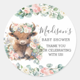 Blommigt Grey Cute Highland Cow-Tack till förmån f Runt Klistermärke
