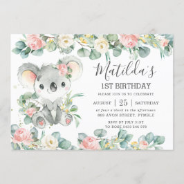 Blommigt Grey Eucalyptus Cute Koala födelsedag Inbjudningar