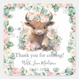 Blommigt Grey Highland Cow Baby Shower Birthday Fyrkantigt Klistermärke