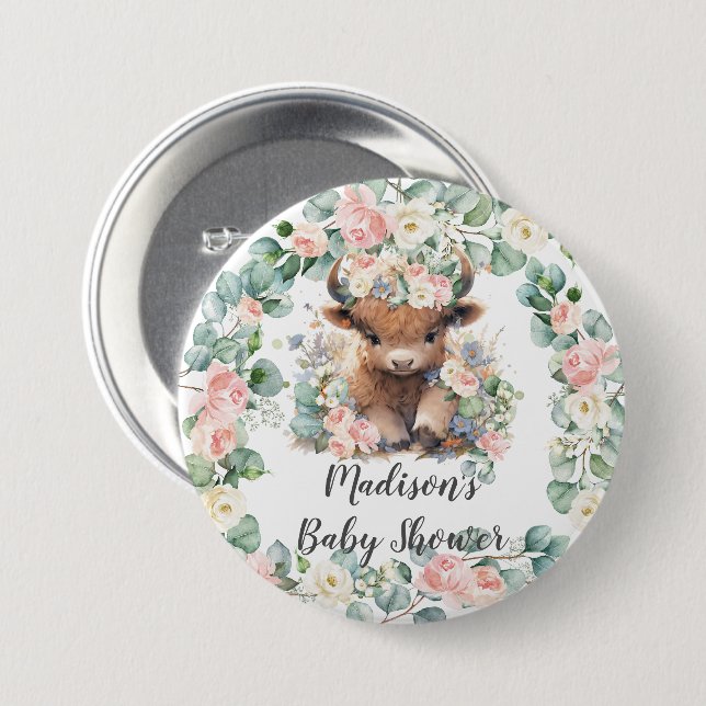 Blommigt Grey Highland Cow Baby Shower Birthday Knapp (Framsida & baksida)