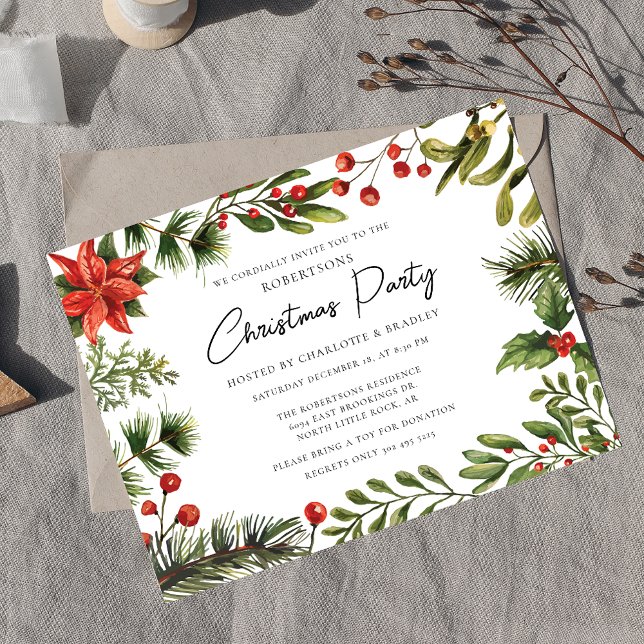 Blommigt Grey-Julfesten Juli-skript Inbjudan Vykort (Botanical Red Berries Greenery Script Christmas Party Invitation)