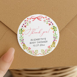 Blommigt Grey Rosa Bow Baby Shower Runt Klistermärke