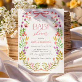 Blommigt Grey Rosa Bow Rustic Baby Shower Inbjudningar