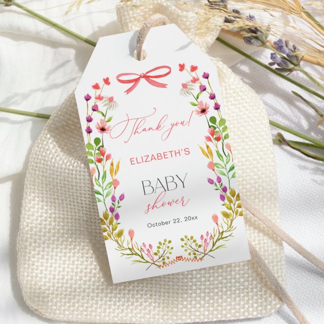 Blommigt Grey Rosa Bow Rustic Baby Shower Presentetikett (Skapare uppladdad)
