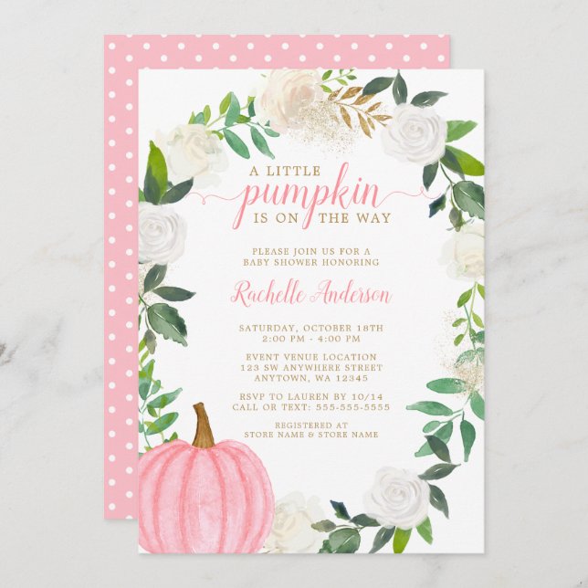 Blommigt Grey Rosa Pumpkin Fall Girl Baby Shower Inbjudningar (Fram/baksida)