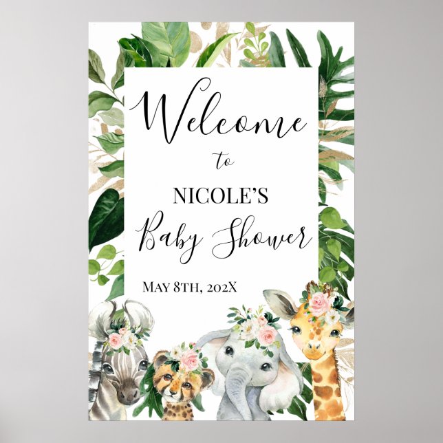 Blommigt Grey Safari Baby Shower Välkomstskylt Poster (Framsidan)