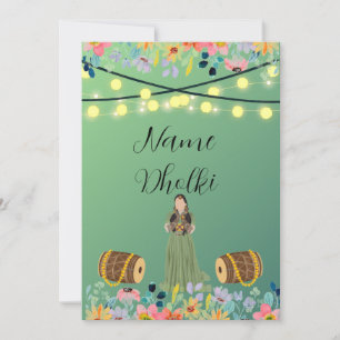 Blommigt grönt Dholki-nattinbjudan Inbjudningar
