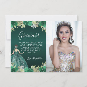 Blommigt Grönt Dress Birthday Photo Quinceanera Tack Kort