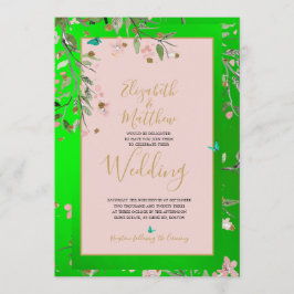 Blommigt Grönt Elegant Rosa Guld Chinoiserie Bröll Inbjudningar
