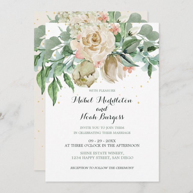 Blommigt Grönt Foliage Neutralt Färg Elegant Ro Inbjudningar (Fram/baksida)