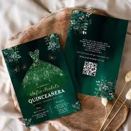 Blommigt Grönt Gown Dress QR Code Quinceanera Inbjudningar