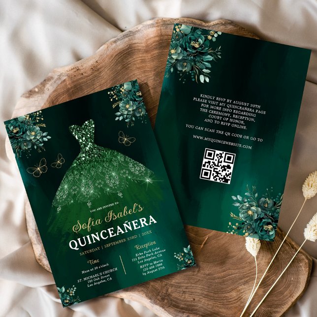 Blommigt Grönt Gown Dress QR Code Quinceanera Inbjudningar (Skapare uppladdad)