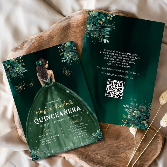 Blommigt Grönt Gown Dress QR Code Quinceanera Inbjudningar (Skapare uppladdad)
