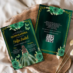 Blommigt Grönt Gown Dress QR Code Quinceanera Inbjudningar