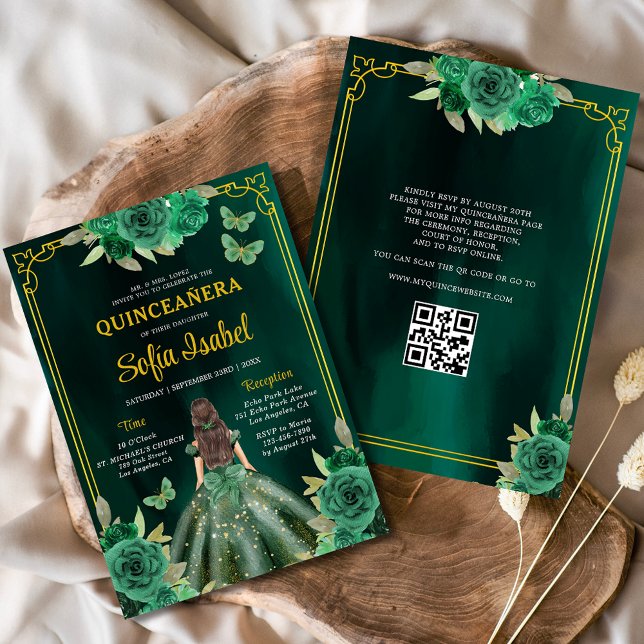 Blommigt Grönt Gown Dress QR Code Quinceanera Inbjudningar (Skapare uppladdad)