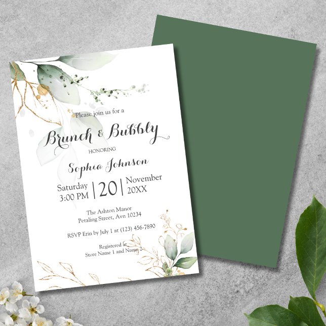Blommigt Grönt Guld Brunch & Bubly Möhippa Inbjudningar (Brunch and Bubbly Bridal Shower Invitation)