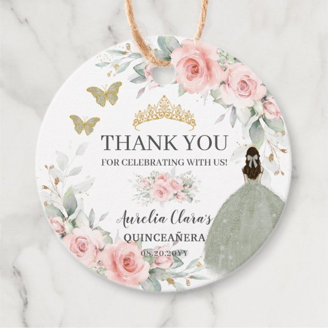  Blommigt Grönt Guld Quinceanera Sweet 16 Gåvor Etiketter (Framsida)