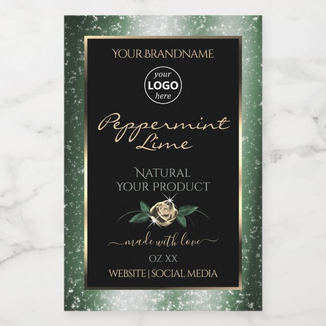 Blommigt Grönt Guld Ram Black Product Labels Logot Mat Etikett (Singel etikett)