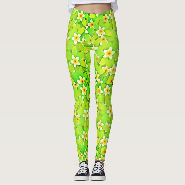 Blommigt Grönt Löv Gula blommor Mönster-61717 Leggings (Framsida)