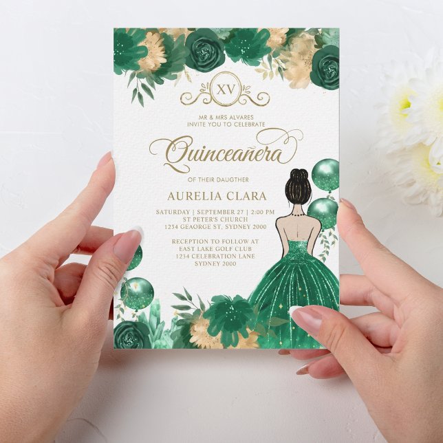 Blommigt Grönt Princess XV Quinceañera Birthday Inbjudningar (Skapare uppladdad)