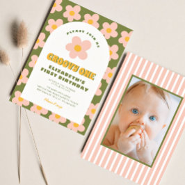 Blommigt Grönt rosa Groovy Ett Baby första födelse Inbjudningar