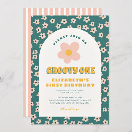 Blommigt Grönt rosa Groovy Ett Baby första födelse Inbjudningar