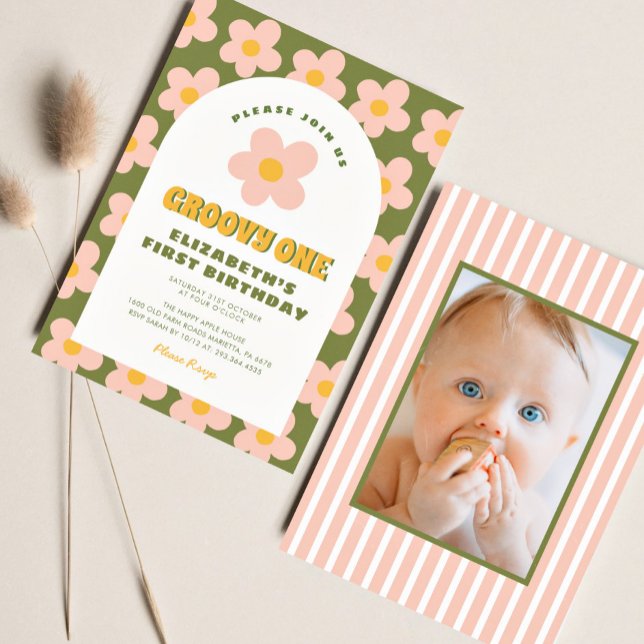 Blommigt Grönt rosa Groovy Ett Baby första födelse Inbjudningar (Skapare uppladdad)