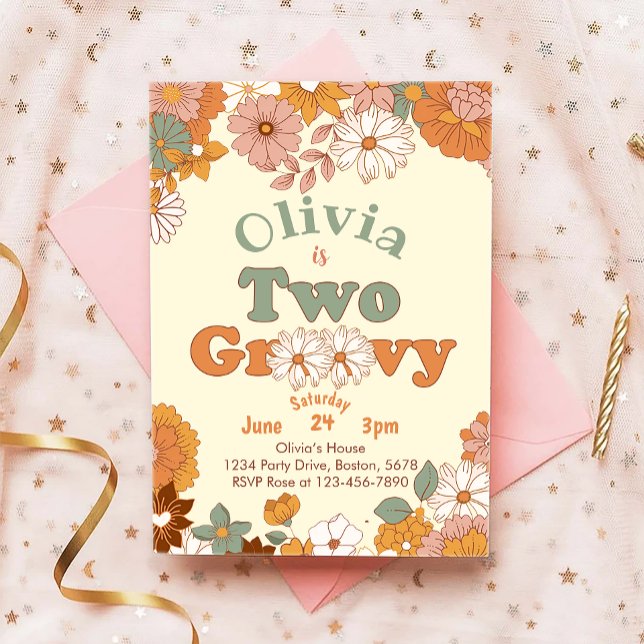 Blommigt Groovy 2 Retro 2:a födelsedagsinbjudan Inbjudningar (Skapare uppladdad)