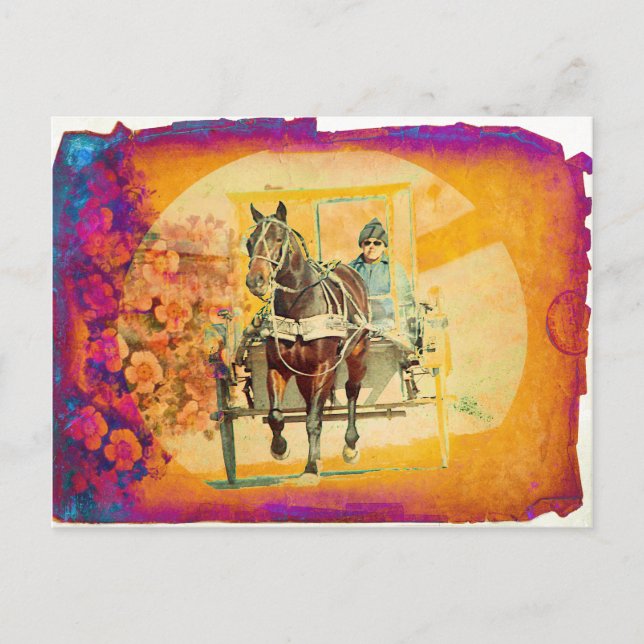Blommigt Grunge Amish Horse and Buggy Vykort (Framsida)