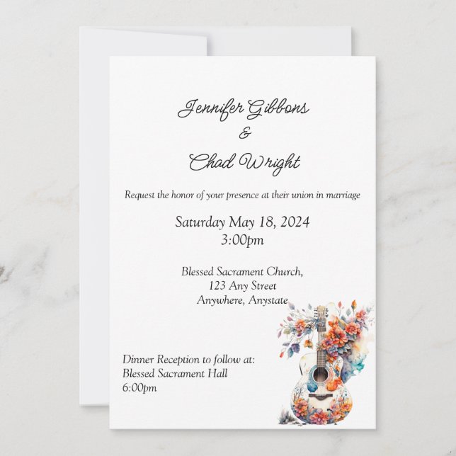 Blommigt Guitar-bröllopsinbjudan, 5 x 7-tums inbju Inbjudningar (Framsida)